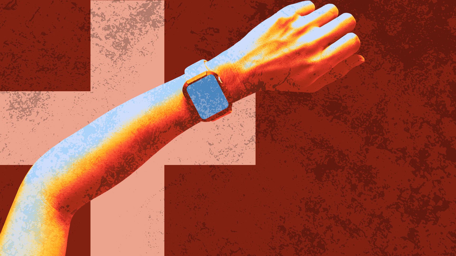 Illustrated collage of a hand wearing a smartwatch with a cross in the background