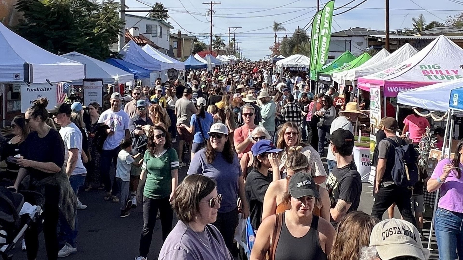 A photo of a street crowded with people and lined with tents for a chili festival