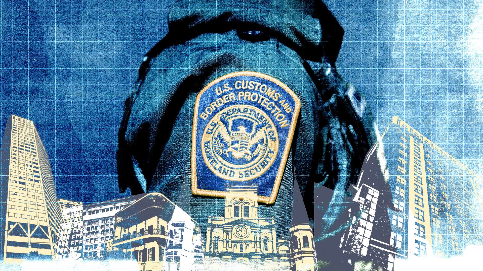 Photo illustration of a U.S. Customs and Border Protection agent over the skyline of New Orleans.