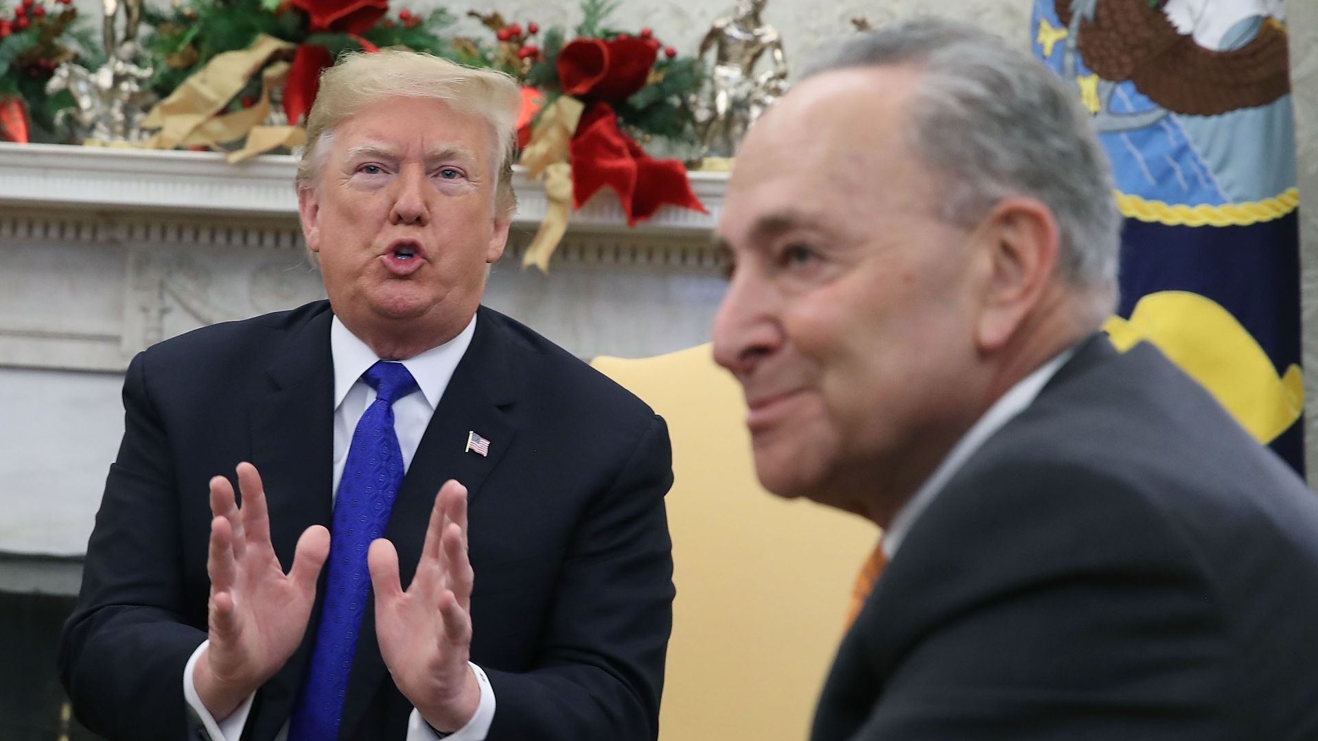 President Donald Trump argues about border security with Senate Minority Leader Chuck Schumer .