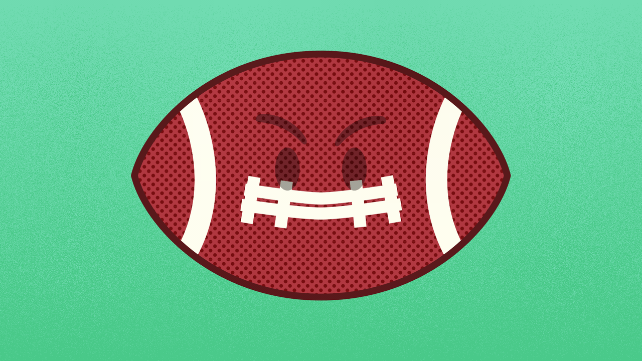 Illustration of a football turning into a football with a face sticking its tongue out. 
