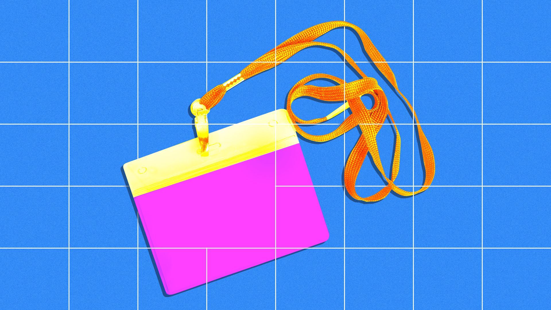 Illustration of an employee badge weaving in and out of a grid. 