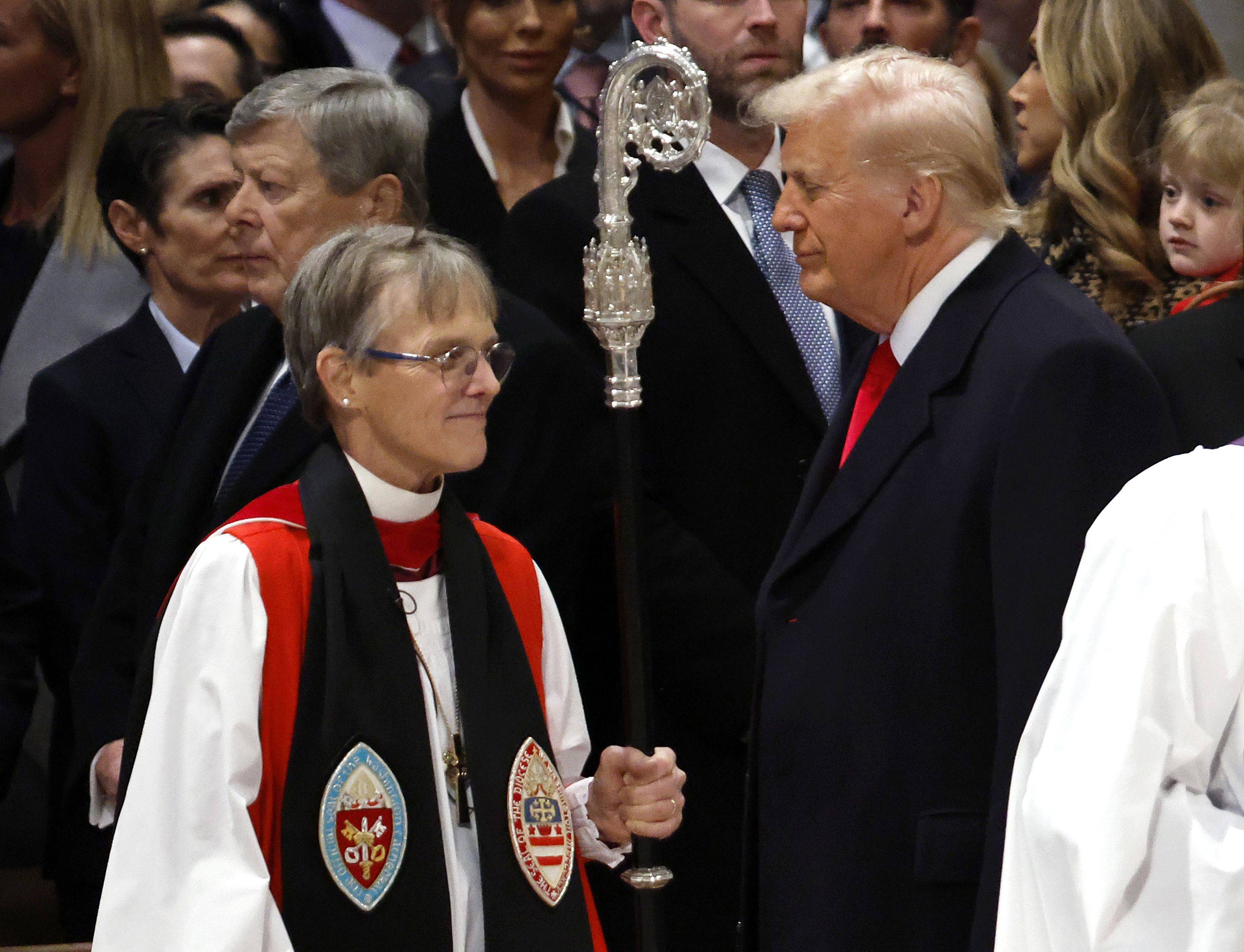 Bishop Mariann Edgar Budde and President Trump at the National Prayer Service at Washington National Cathedral on Jan. 21.