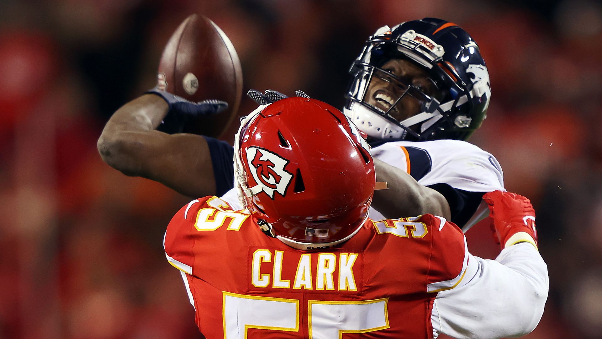 Broncos quarterback Teddy Bridgewater is hit by Frank Clark of the Kansas City Chiefs on Sunday. Photo: Jamie Squire/Getty Images