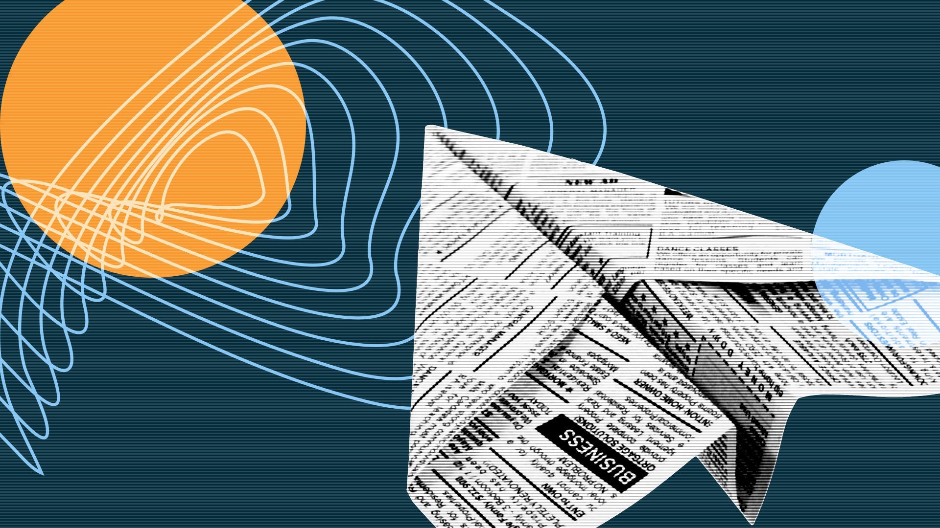 Illustration of a newspaper paper plane overlapping geometric shapes.