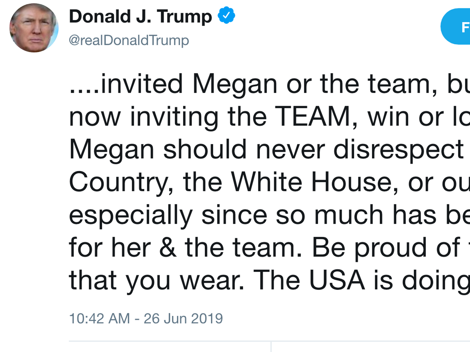 Trump tells U.S. soccer star Megan Rapinoe to 'never disrespect' the White  House