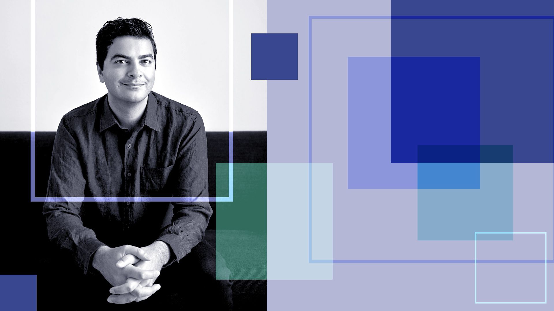 Photo illustration of Immad Akhund with abstract shapes.