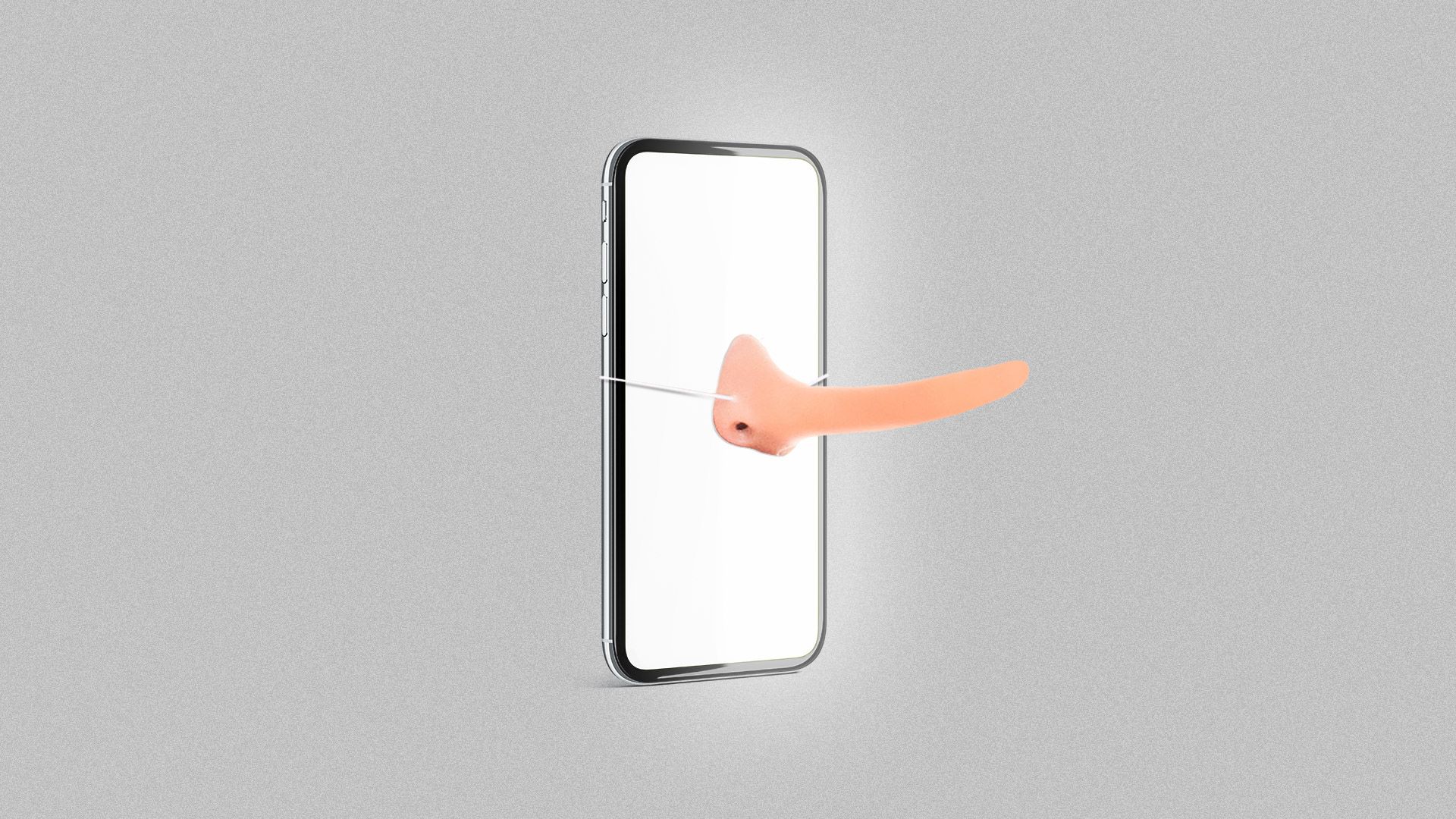 Illustration of a smart phone with a long fake nose tied to the front.