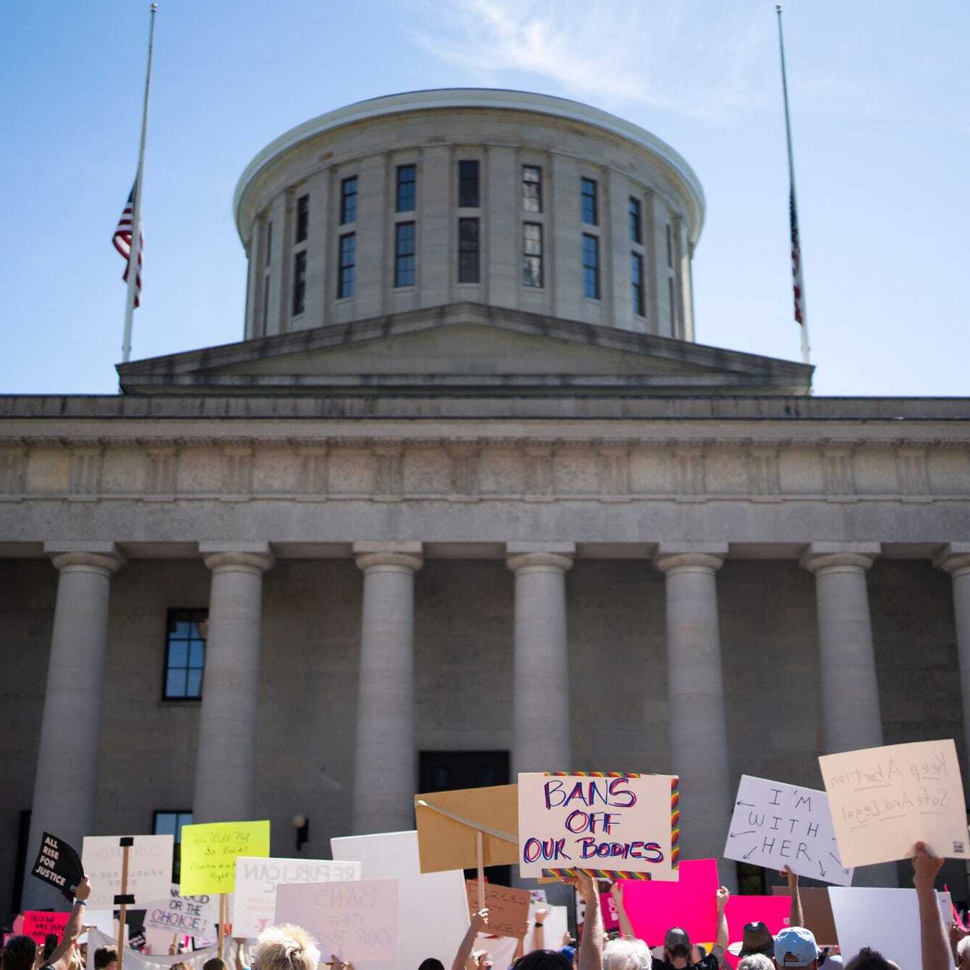 Protesters in front of the Ohio Statehouse. 