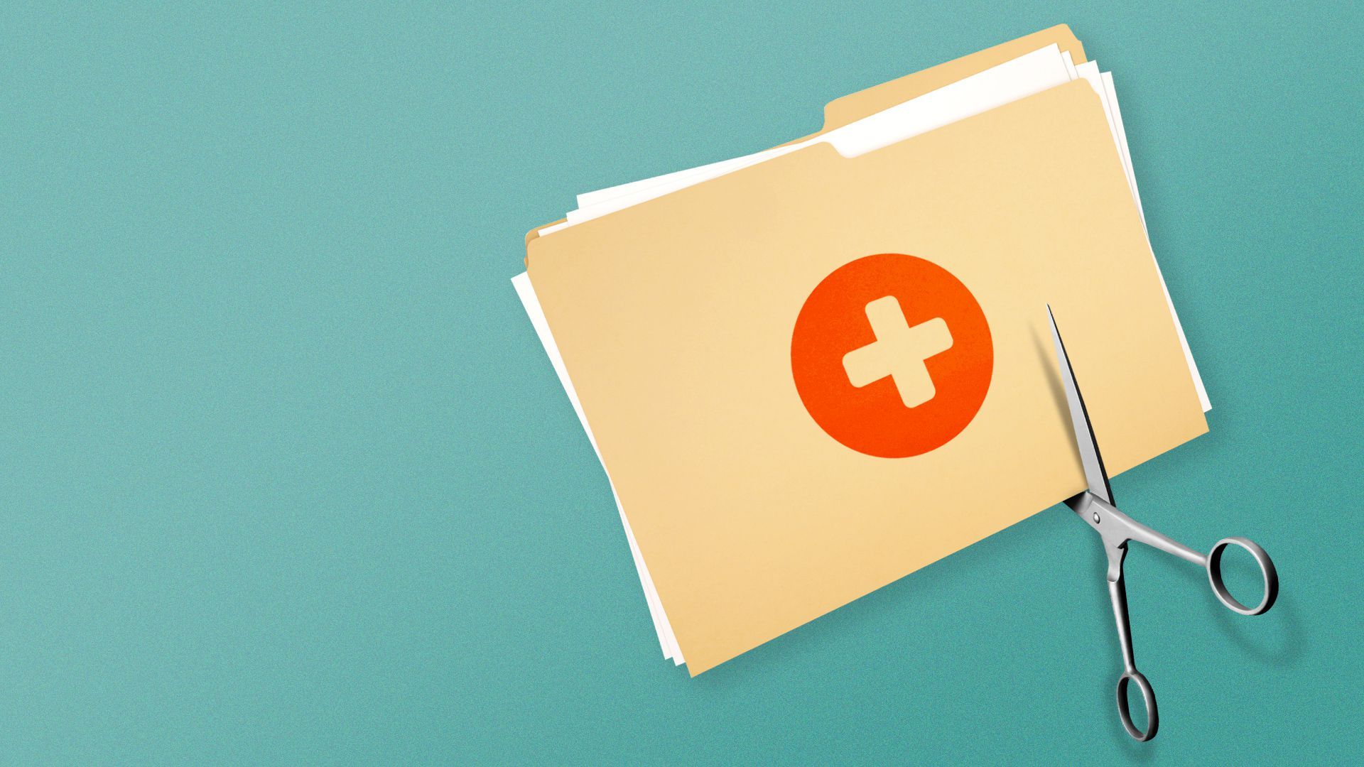 Illustration of a pair of scissors about to cut a manila folder with a red cross on it.