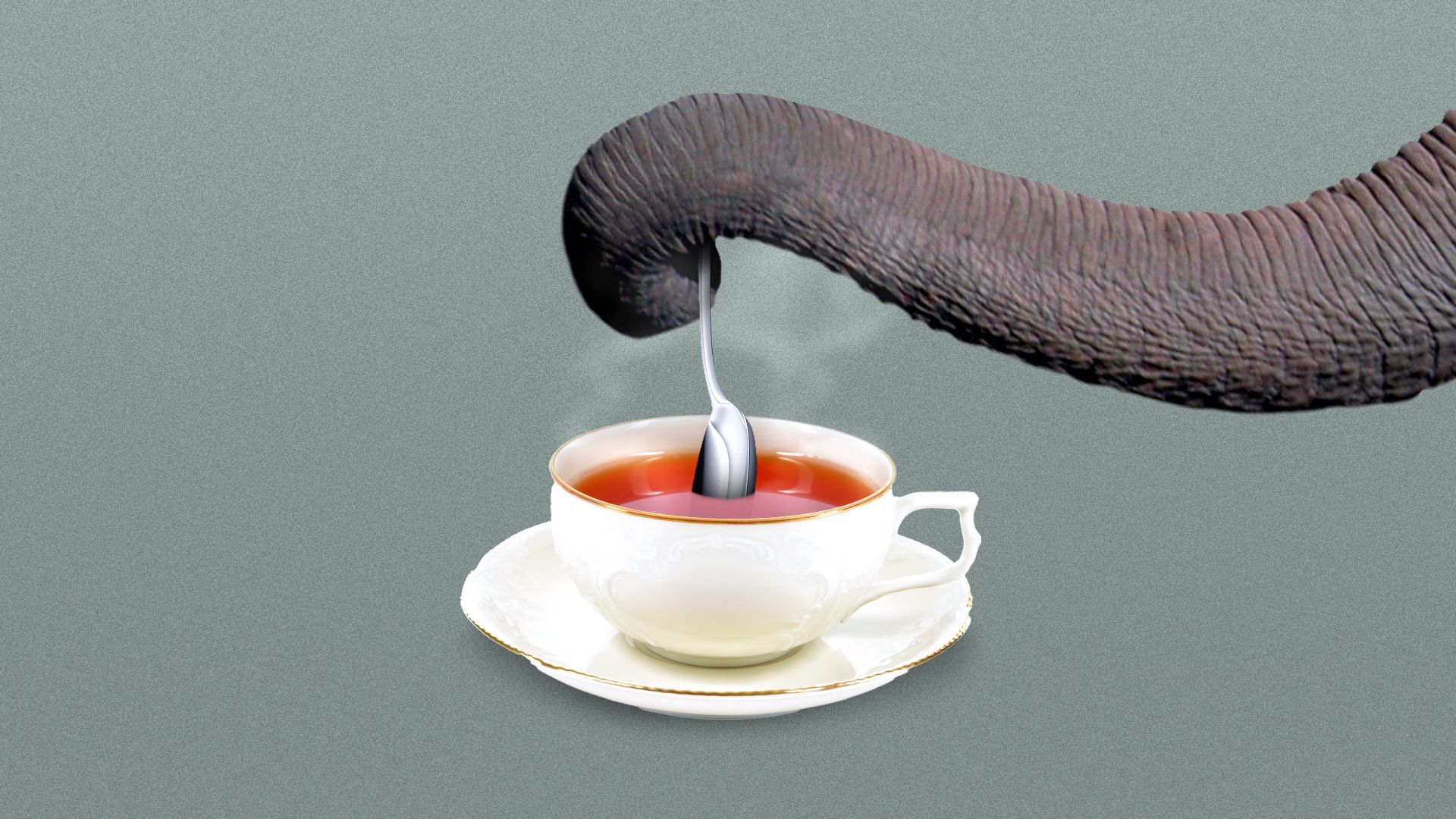 an illustration of an elephant trunk stirring a cup of tea with a spoon