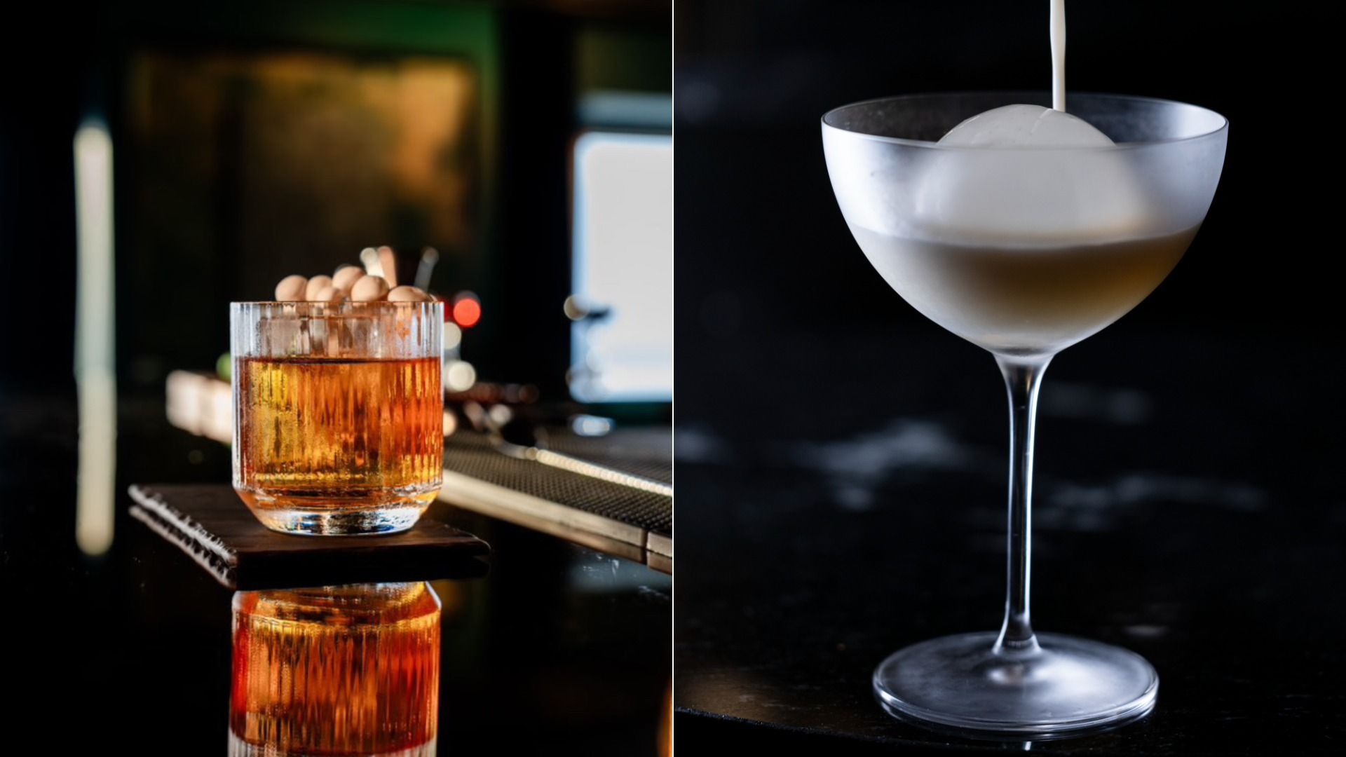 A photo of a brown cocktail with mushrooms next to a high ball glass with a large circular ice