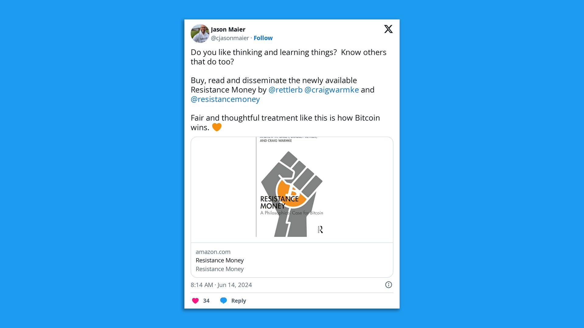 A tween showing the cover of a new book about Bitcoin and philosophy.