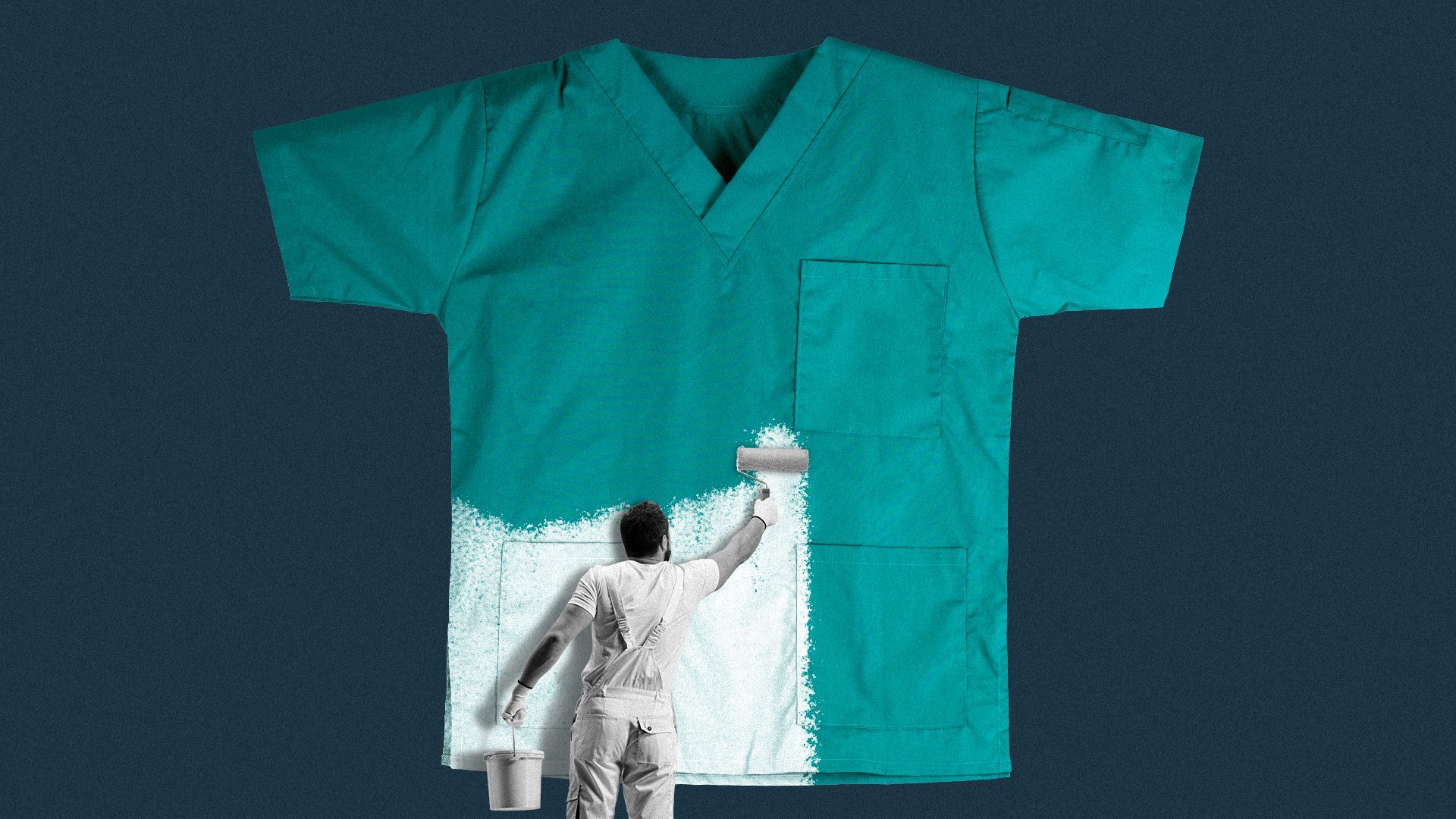 Illustration of a painter white-washing a scrub top.