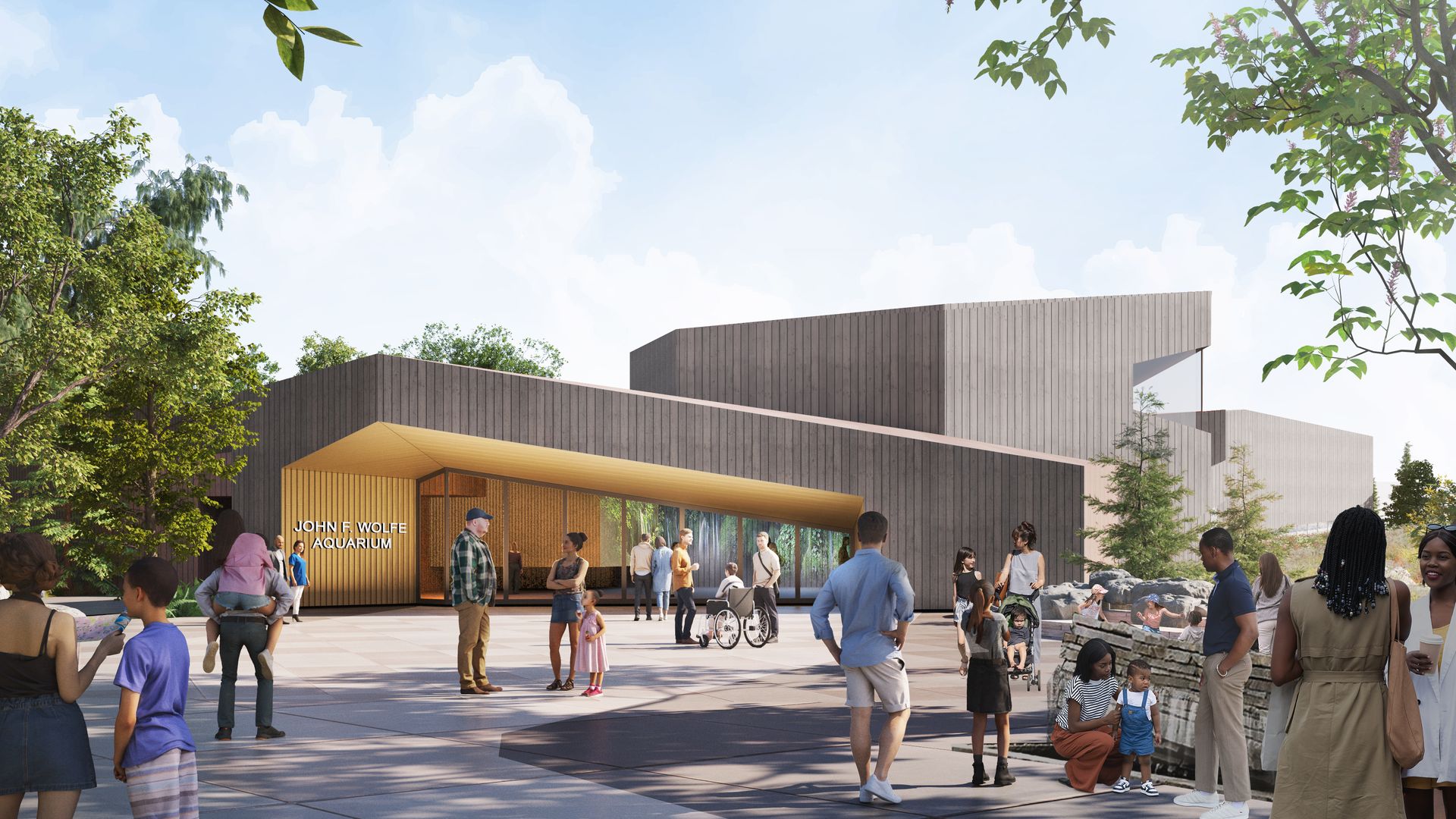 A rendering of a modern building labeled "John F. Wolfe Aquarium" stands among trees, with a crowd gathered at the entrance against a clear blue sky.