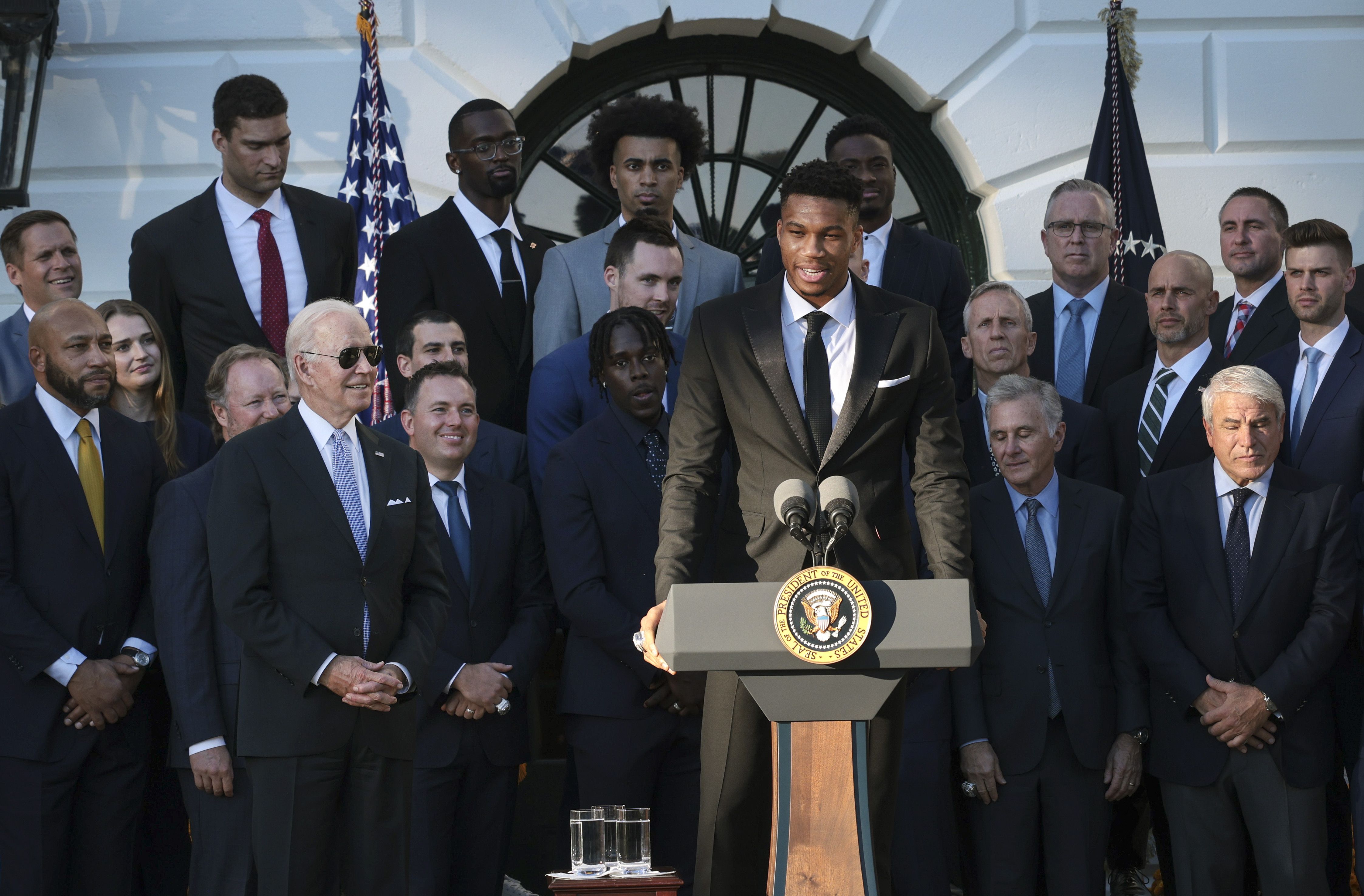 Giannis speaking at the celebration