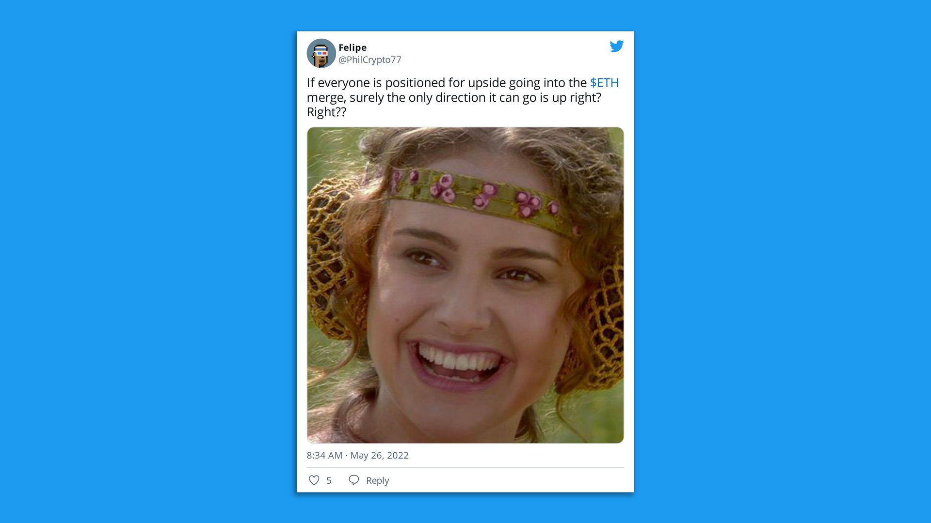 A tweet with Natalie Portman from the Star Wars movie about the Ethereum merge.
