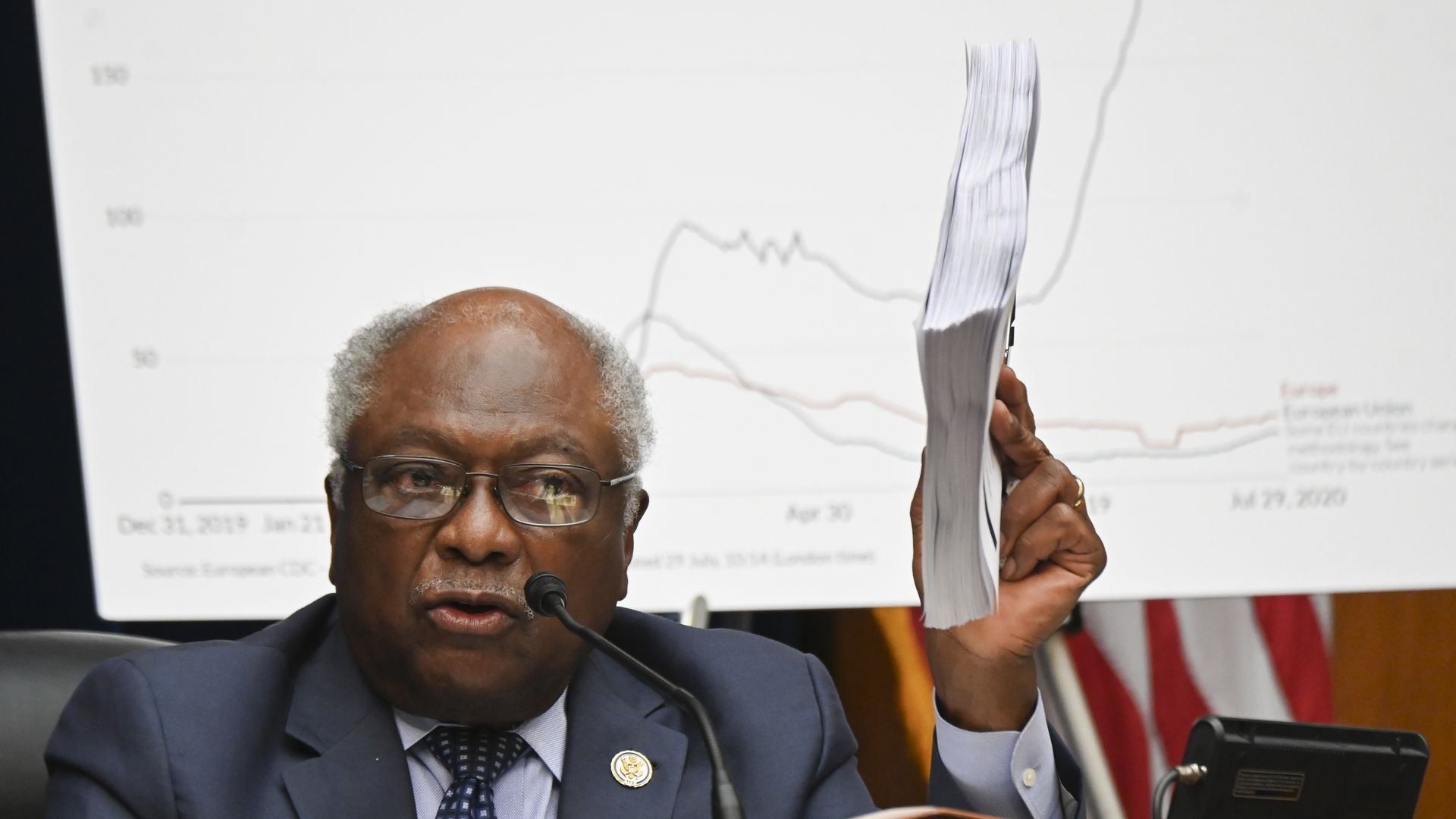 Clyburn holds a stack of papers in front of a line chart