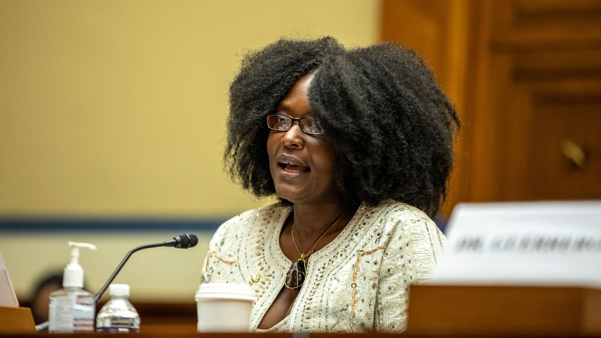 eneta Everhart, whose son Zaire Goodman, 20, was shot in the neck during the Buffalo Tops supermarket mass shooting and survived, testifies during a House Committee on Oversight and Reform.