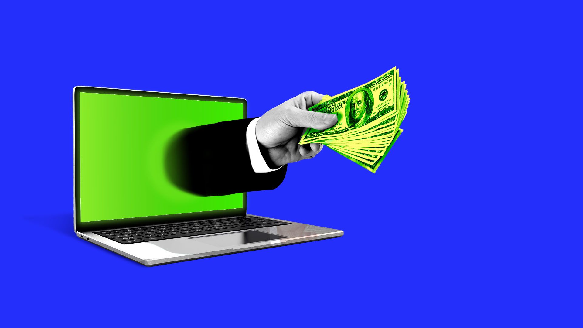 Illustration of hand with money reaching out of a computer screen