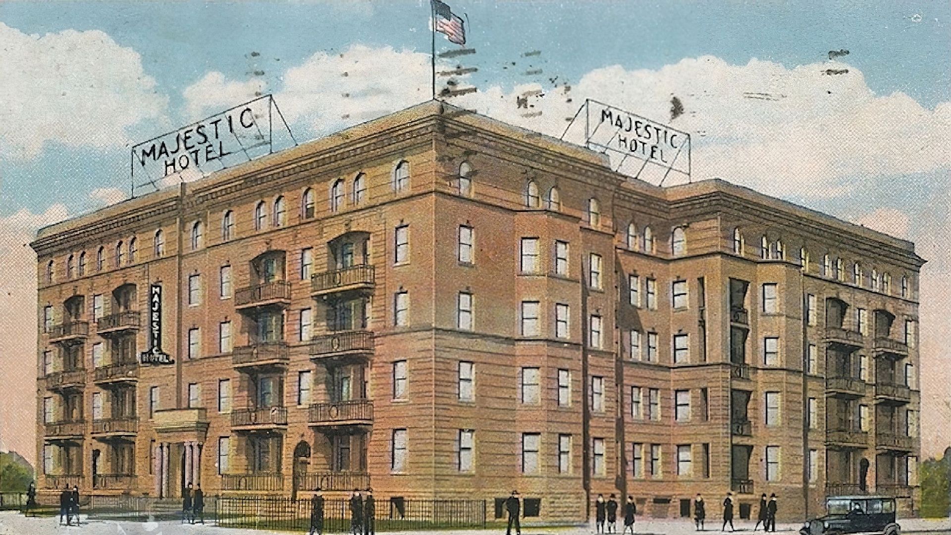 The Majestic Hotel in Cleveland postcard image that is an artist drawing of the old building.