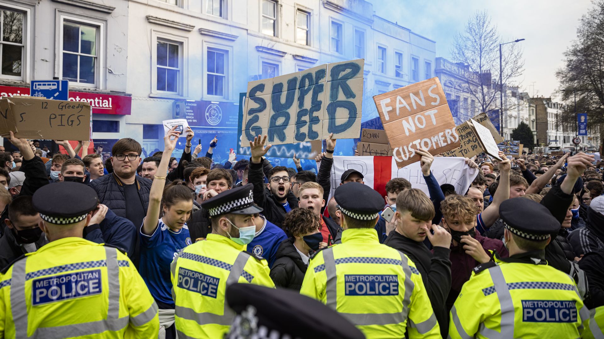 Fans of Chelsea Football Club protest against the European Super League outside Stamford Bridge on April 20, 2021 in London, England. 