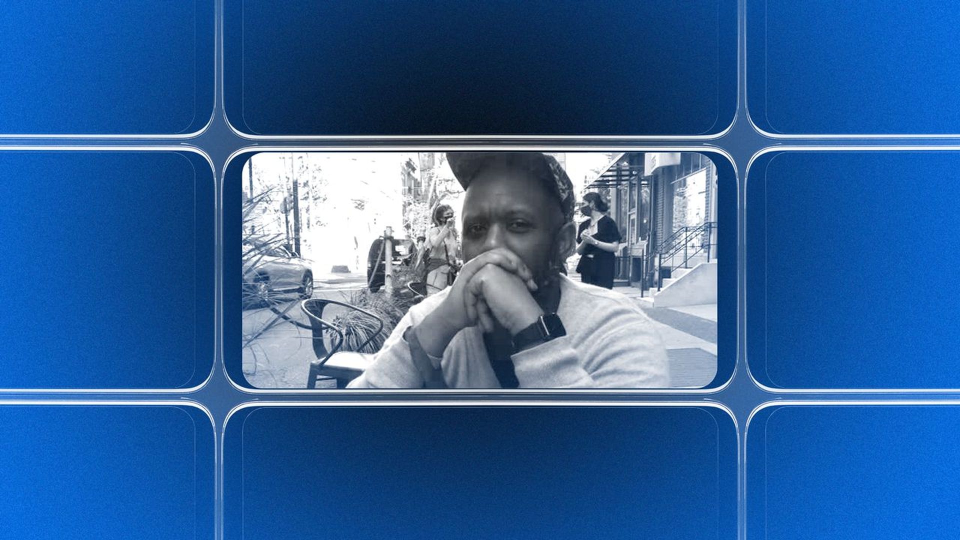 Photo illustration of a grid of smartphone screens, the center one showing an image of Tayyib Smith.
