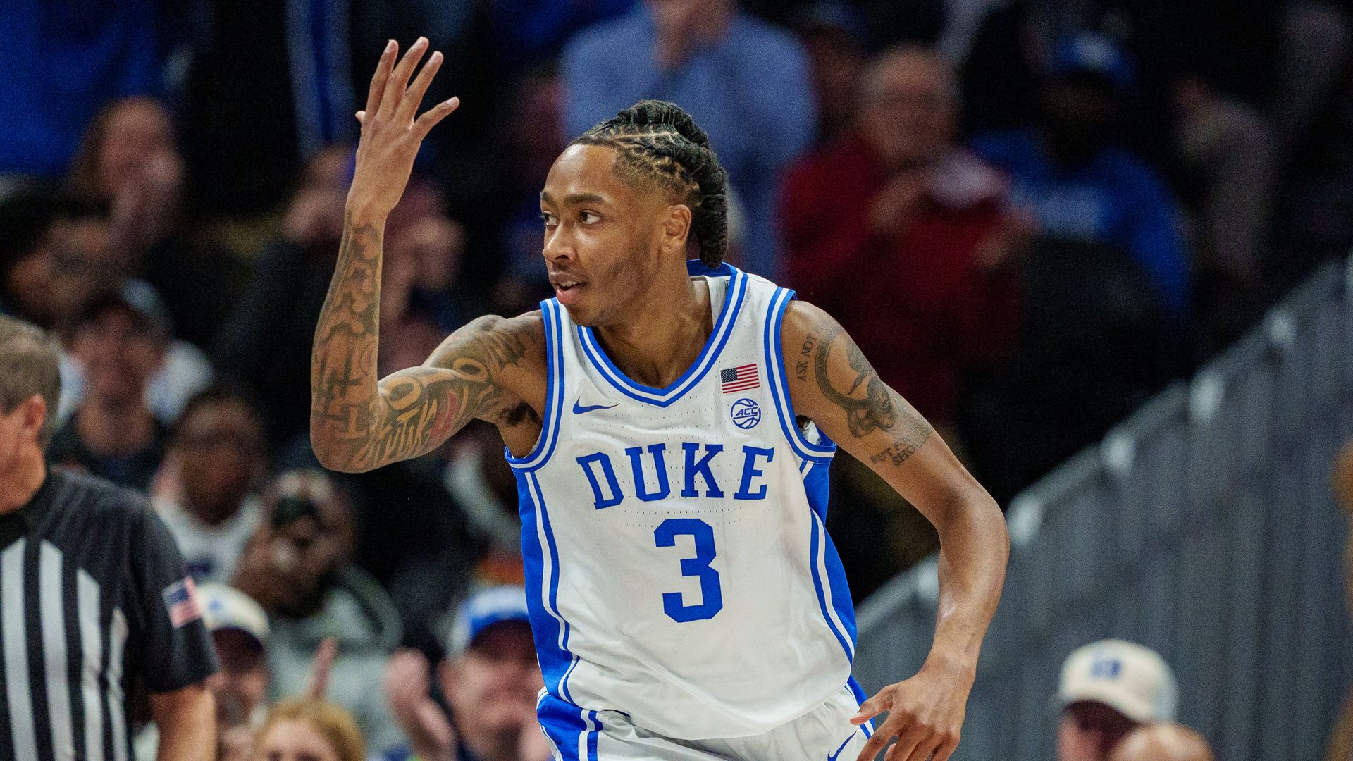 Isaiah Evans #3 of the Duke Blue Devils reacts in the first half against the Texas Longhorns at Spectrum Center on November 04, 2025 in Charlotte, North Carolina. (Photo by Jacob Kupferman/Getty Images)