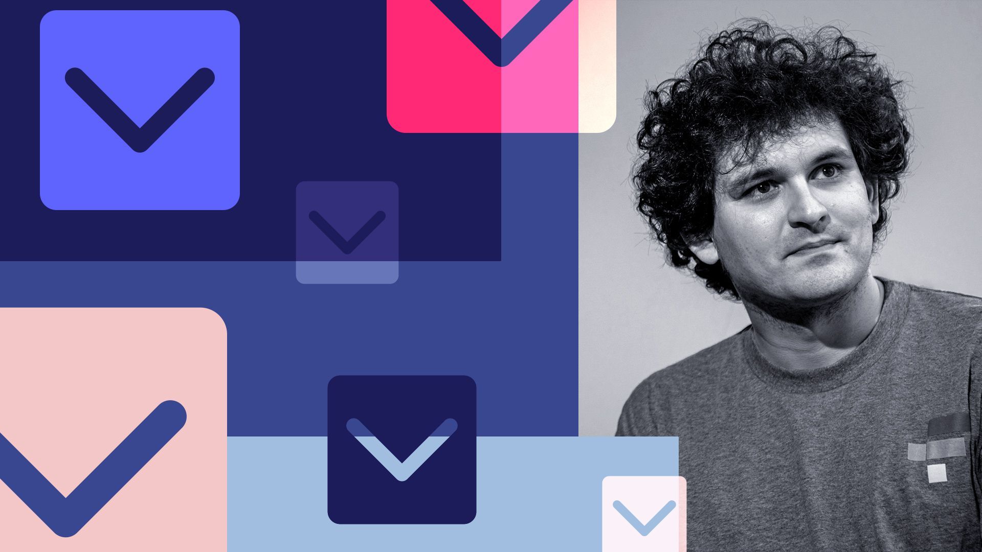 Photo illustration of Sam Bankman-Fried with downward arrows and abstract shapes.