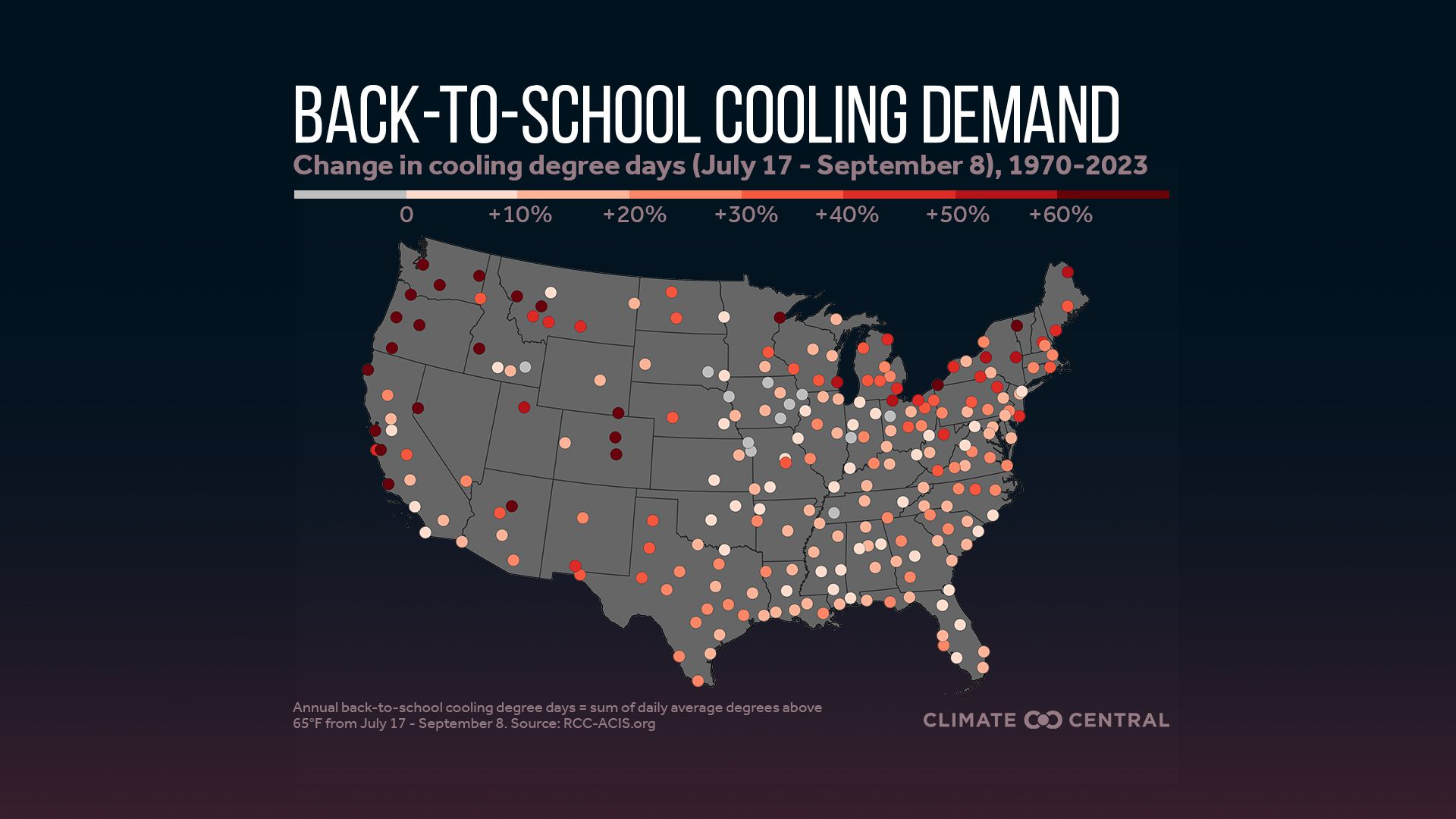 A map shows the increase in cooling demand in cities across the country.