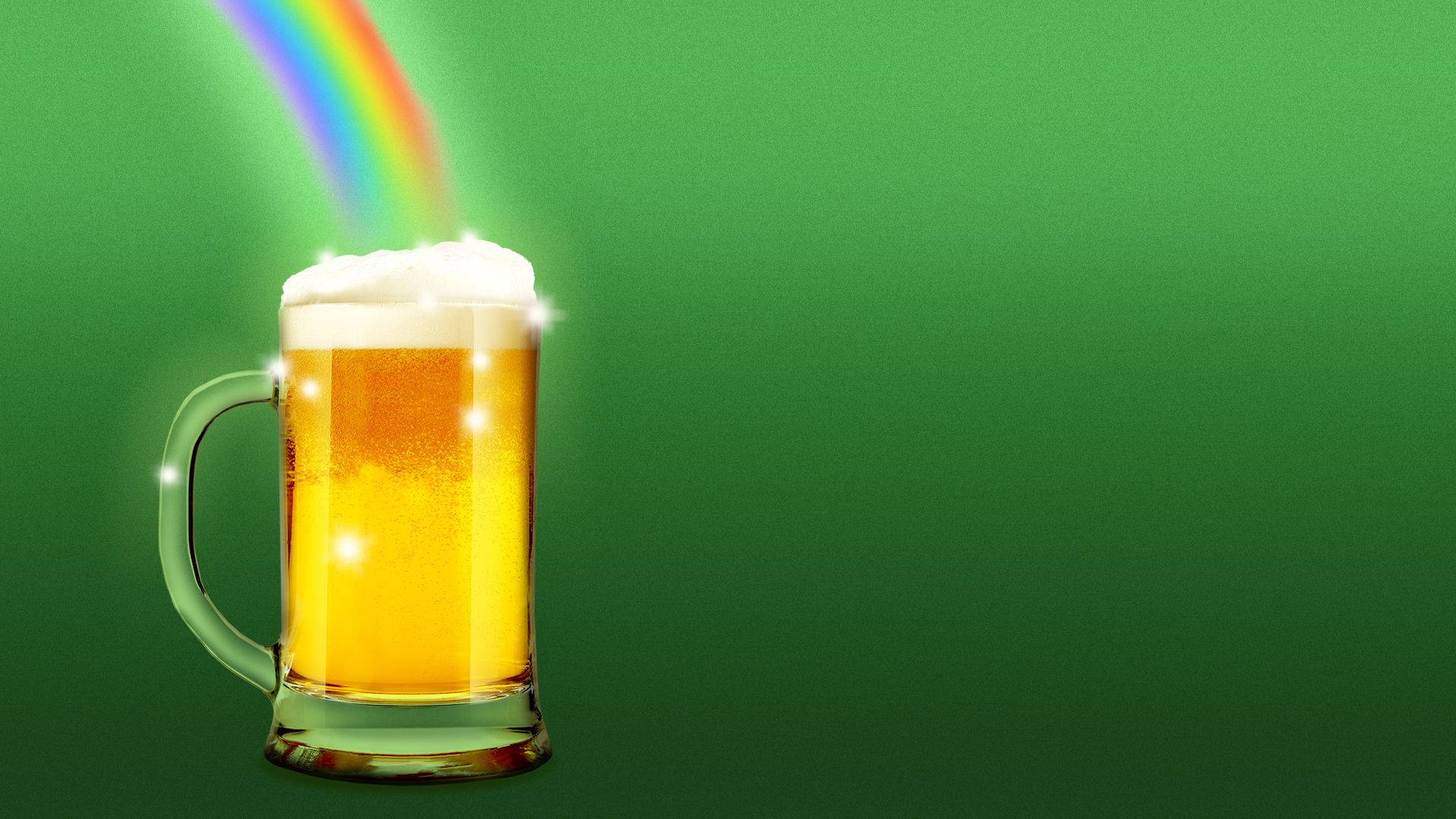 Illustration of a mug of golden beer at the end of a rainbow