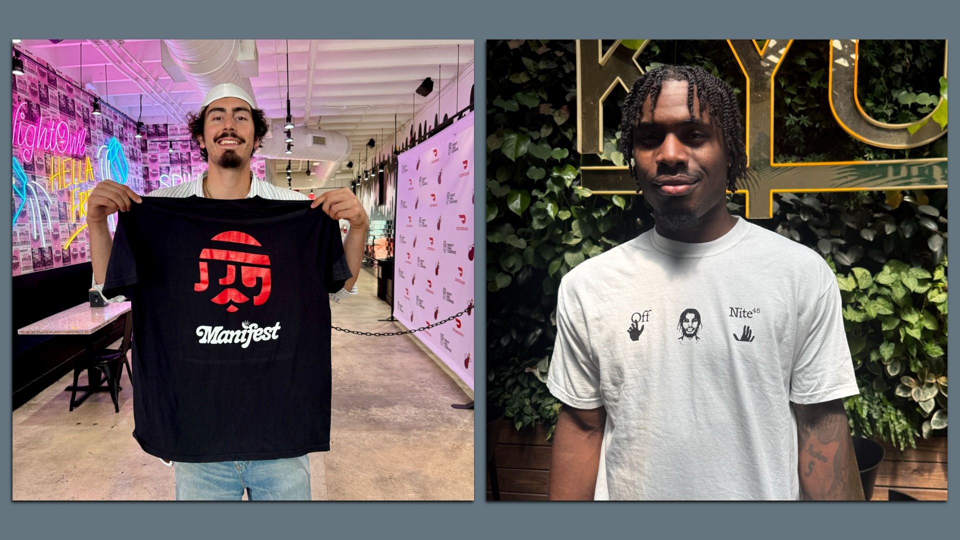 Two men wearing graphic t-shirts. 