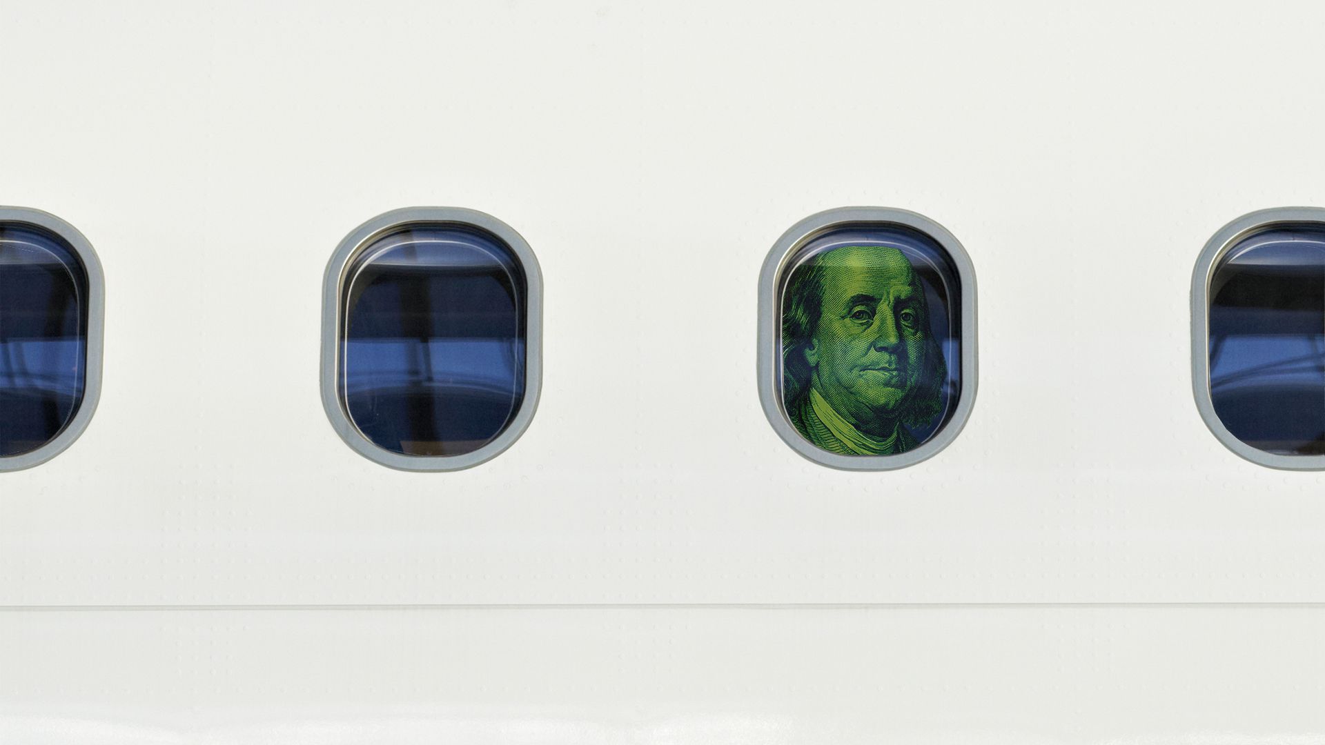 Illustration of Ben Franklin looking out of a plane window.