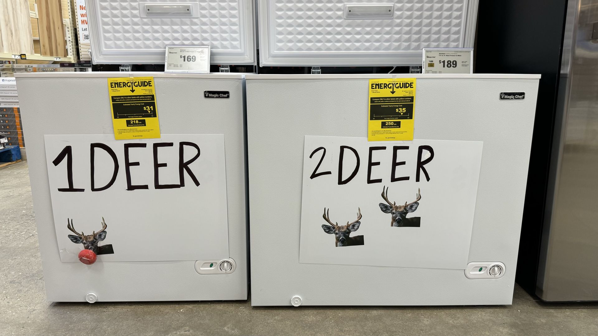 A photo of two freezers that show how many deer each will hold. 