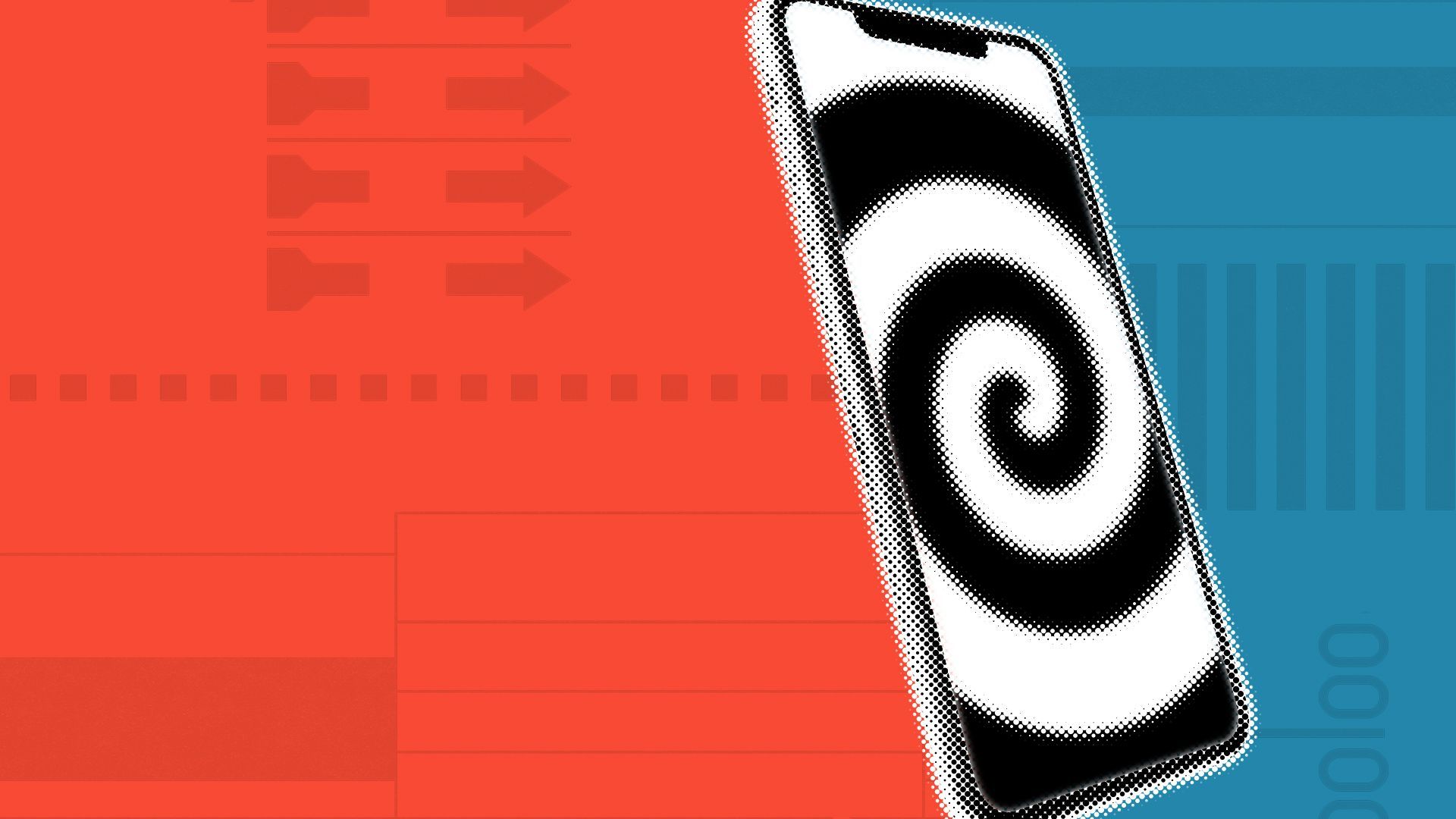 Illustration of a smartphone with a black and white spiral on it dividing a red and blue background with elements of ballots.