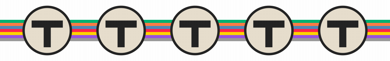 Animated series of MBTA logos that rotate to reveal a B grade, over multicolored stripes.