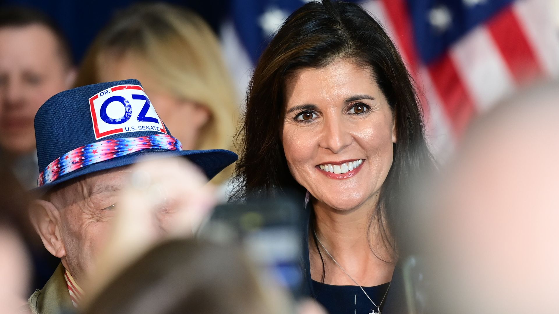 Nikki Haley poses with supporters after an event with Republican Pennsylvania Senate nominee Dr. Mehmet Oz)