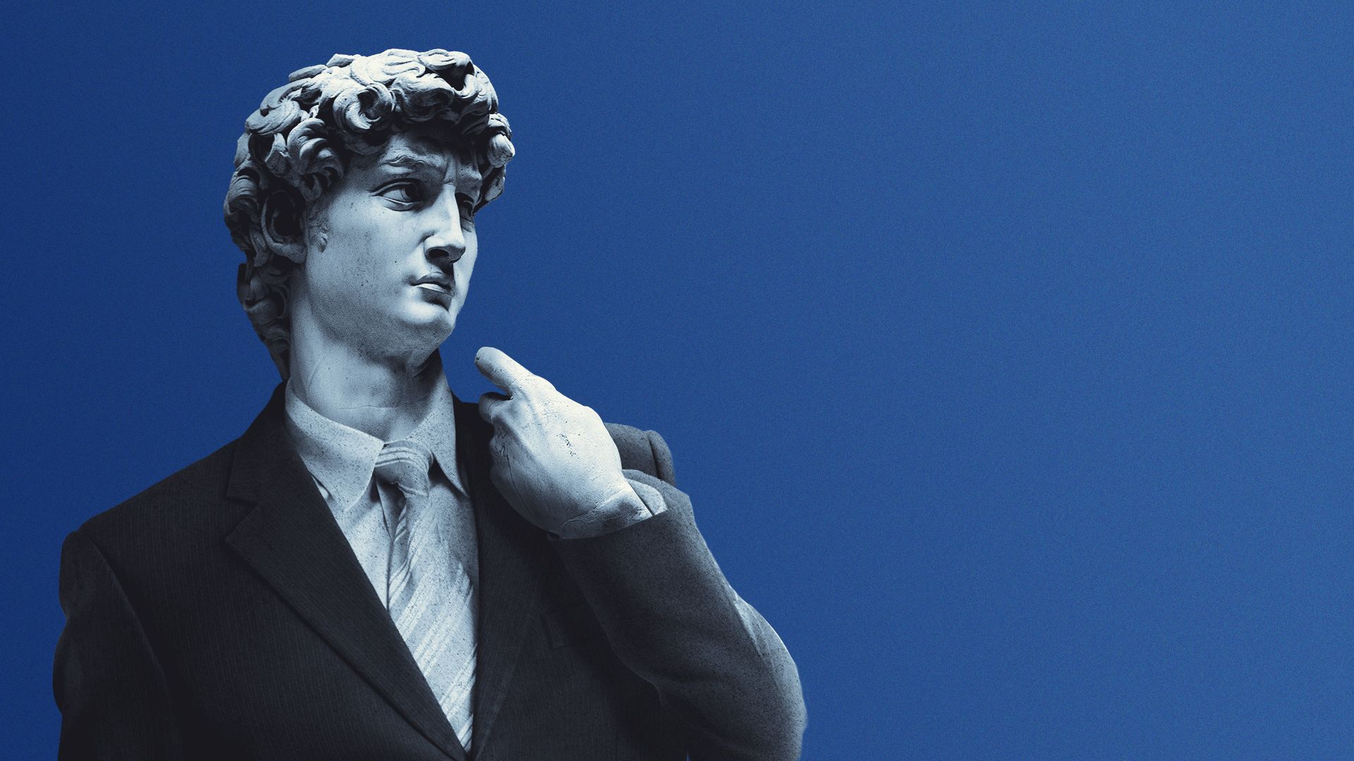 The Statue of David wearing a suit and tie.