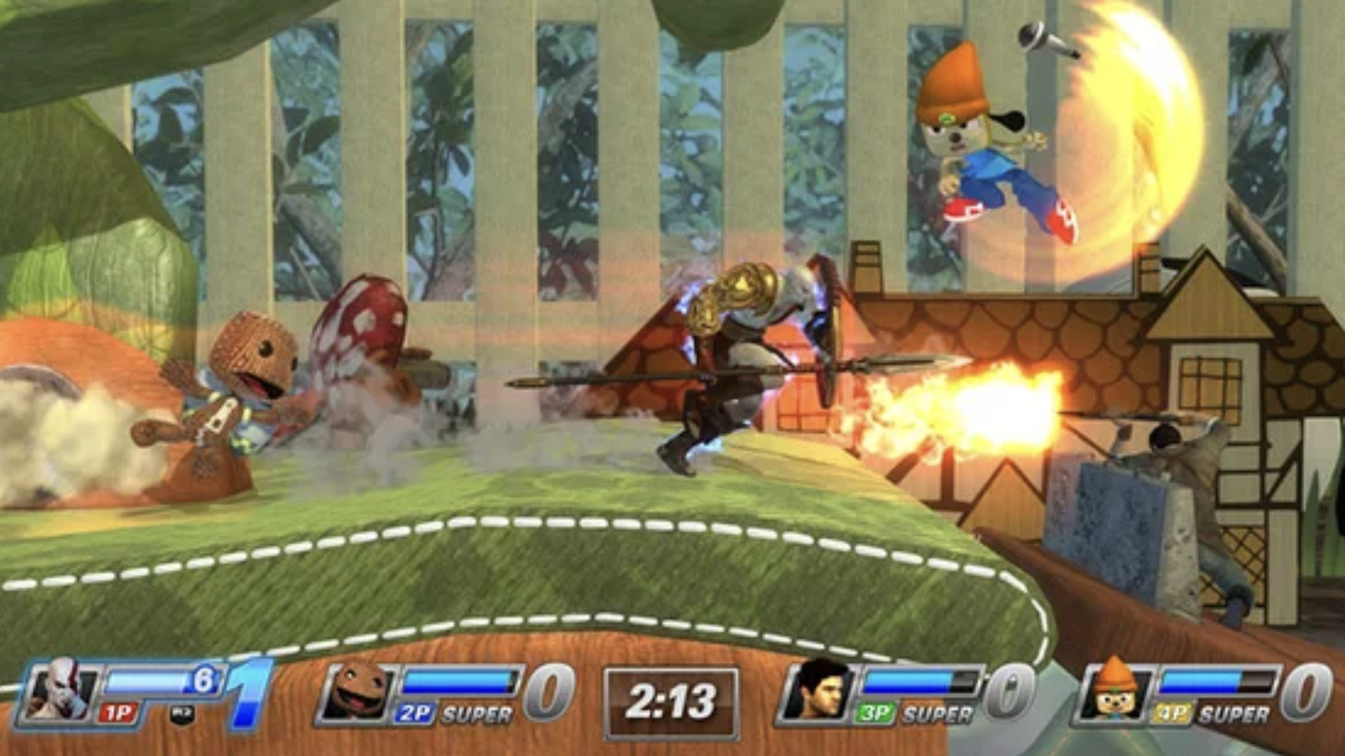Video game screenshot of a fighting game featuring PlayStation characters leaping at each other