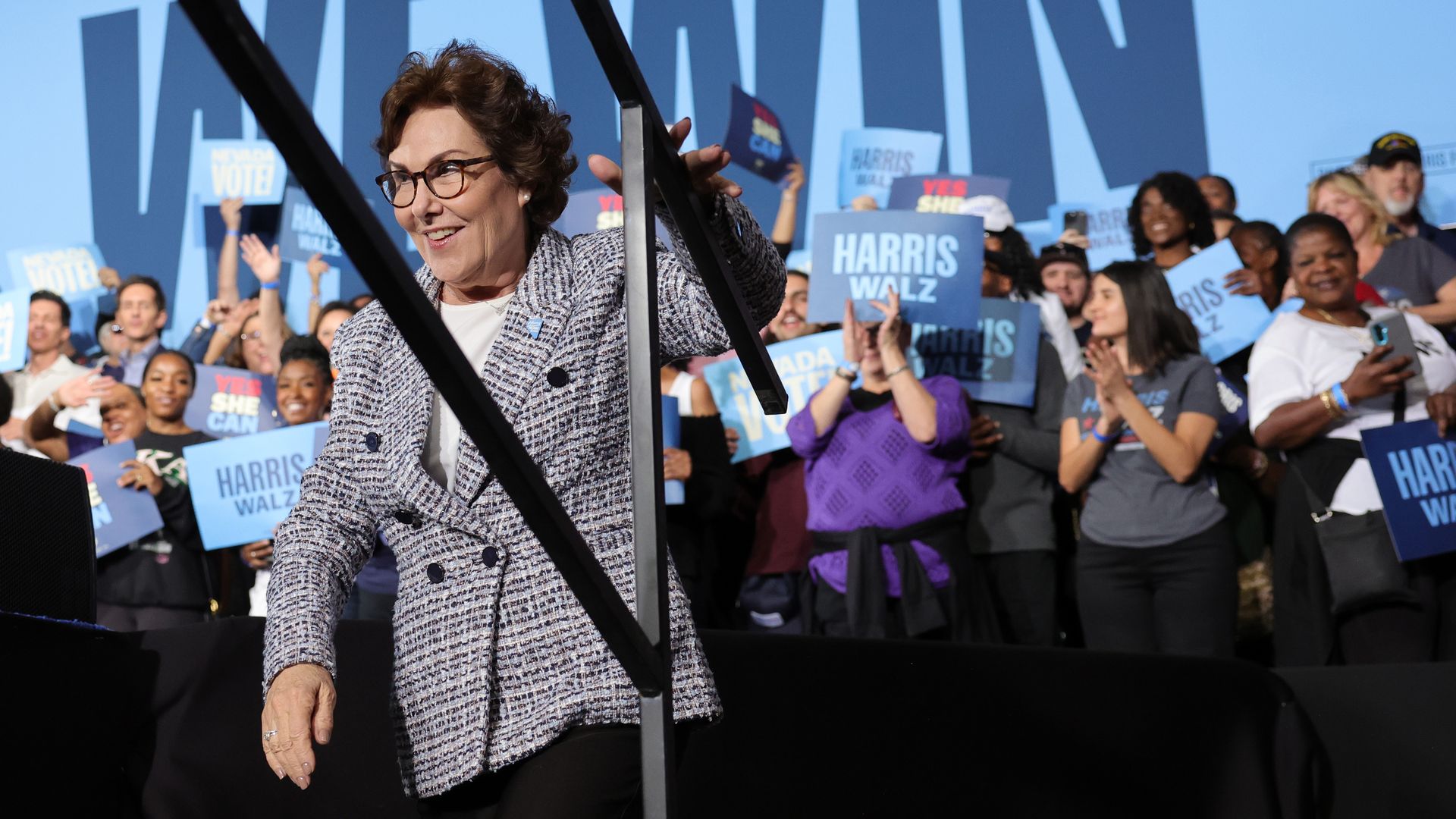 U.S. Sen. Jacky Rosen takes the stage during a get-out-the-vote rally with former U.S. President Barack Obama as he campaigns for Democratic presidential nominee and U.S. Vice President Kamala Harris, her running mate, Minnesota Gov. Tim Walz.