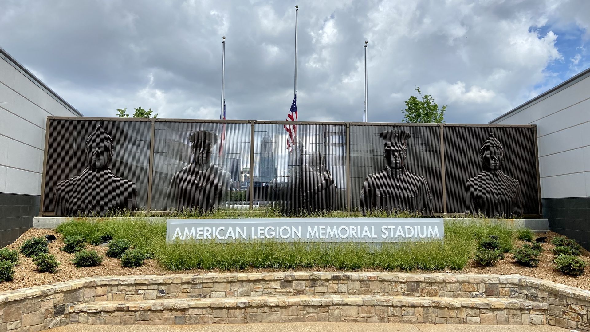 American Legion Memorial Stadium exterior with the Uptown skyline in the background. 