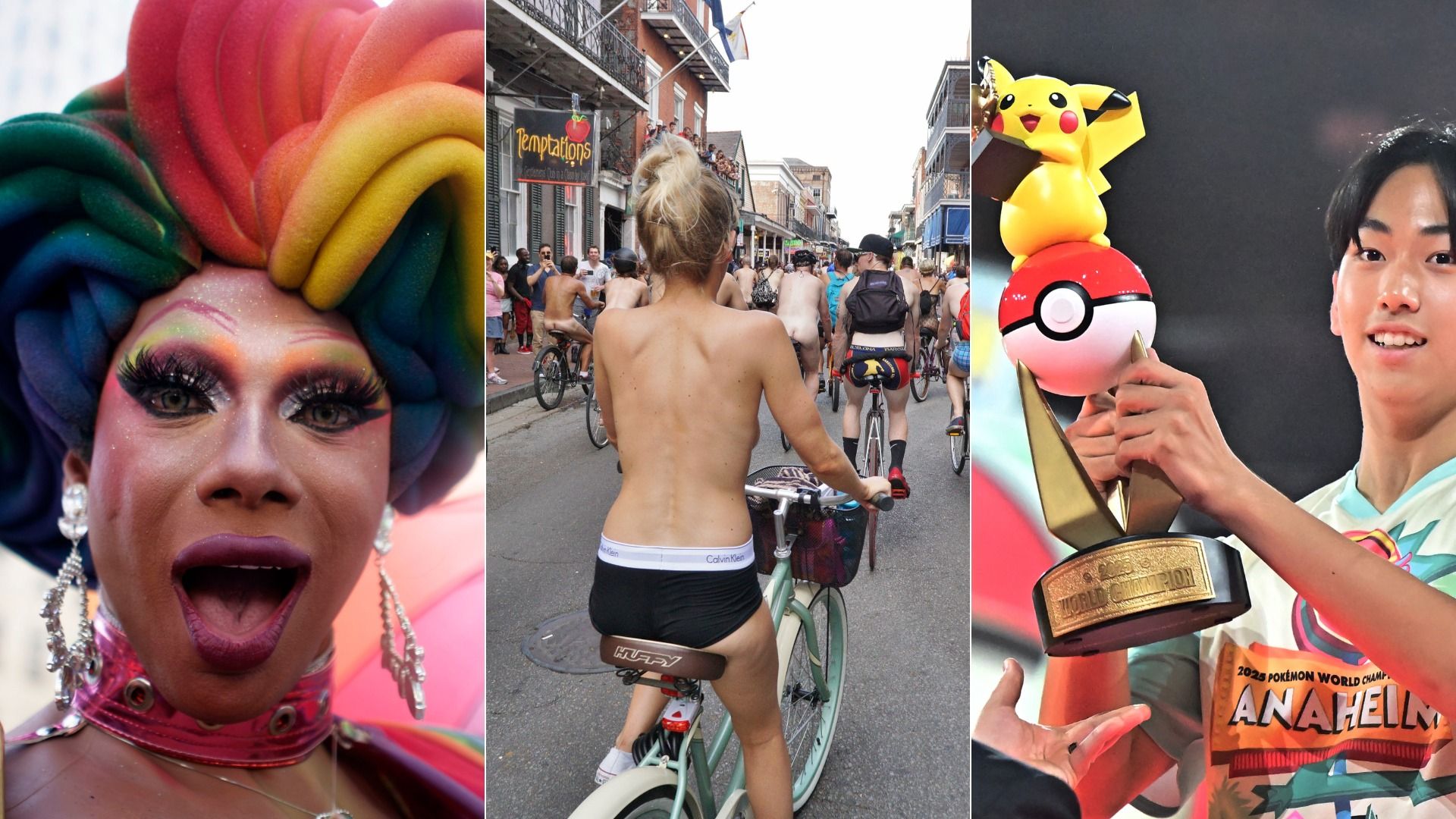 Image shows a person wearing a rainbow wig, a topless woman riding a bike in the French Quarter and a guy holding a Pokemon trophy with Pikachu on top.