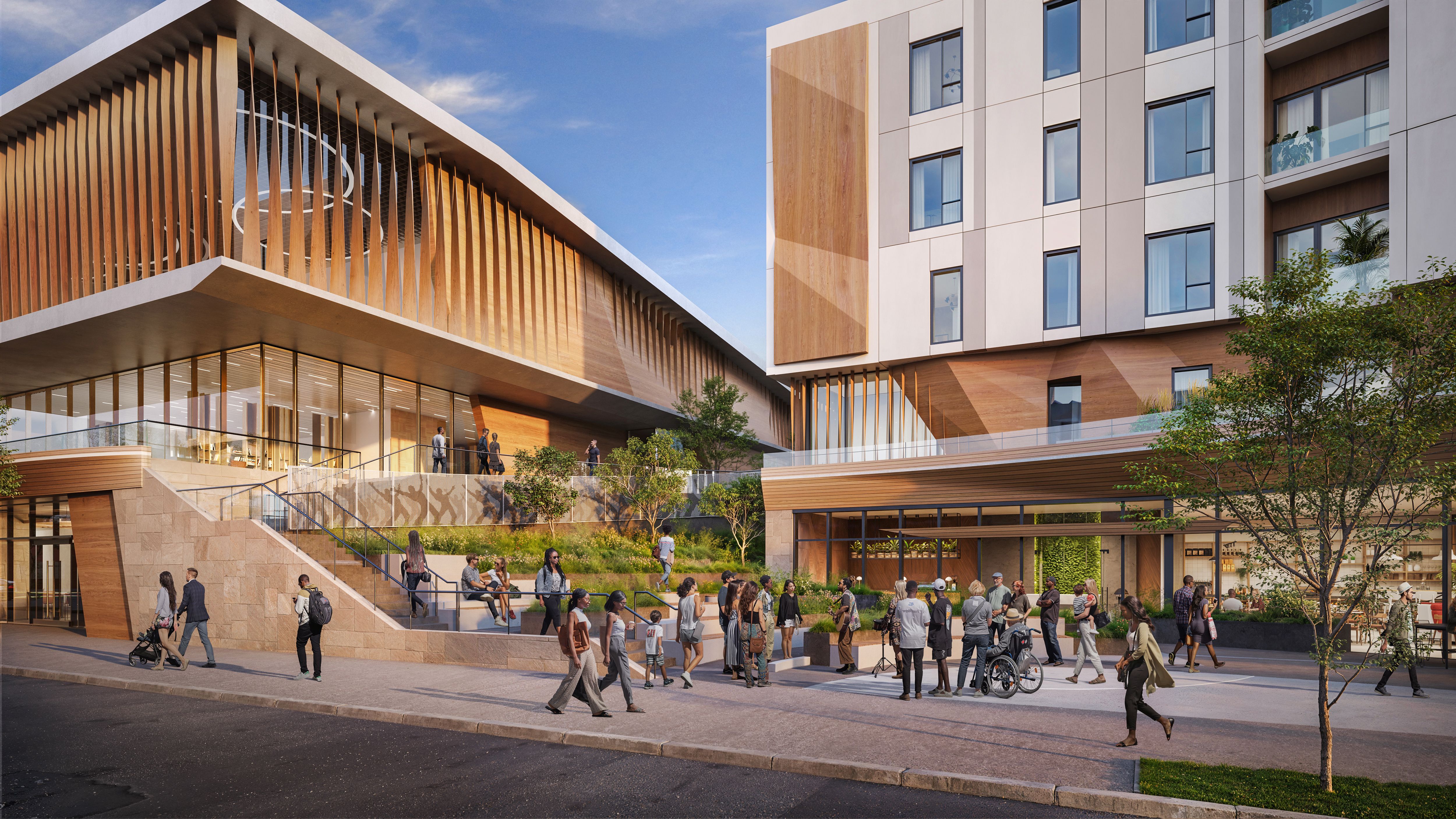 Rendering of a new building and plaza along a street 