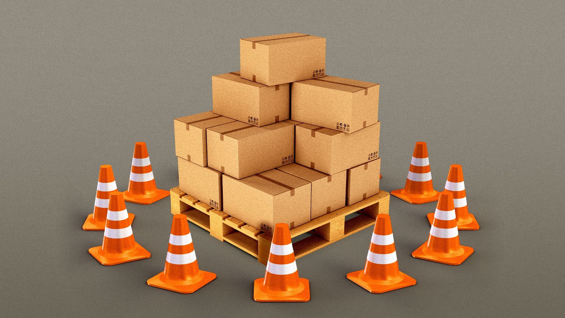 Illustration of a shipment of cargo surrounded by traffic cones.