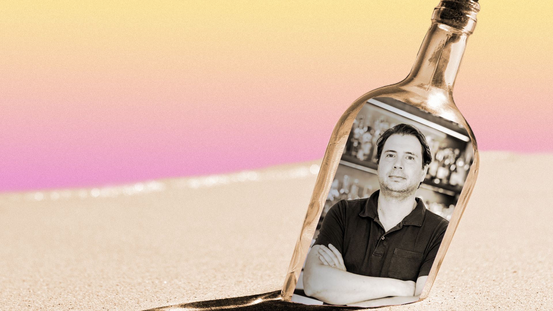Photo illustration of Daniel Berg on a bottle in the sand.