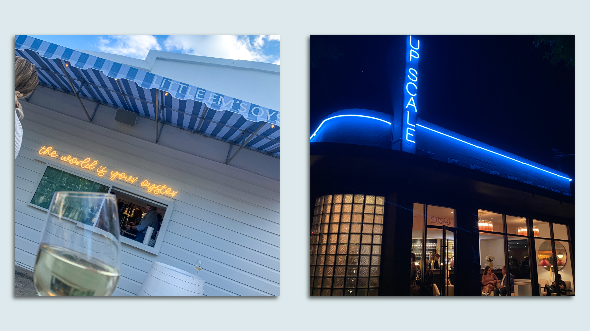 Side-by-side images of two restaurants, Little Em's and Up Scale.