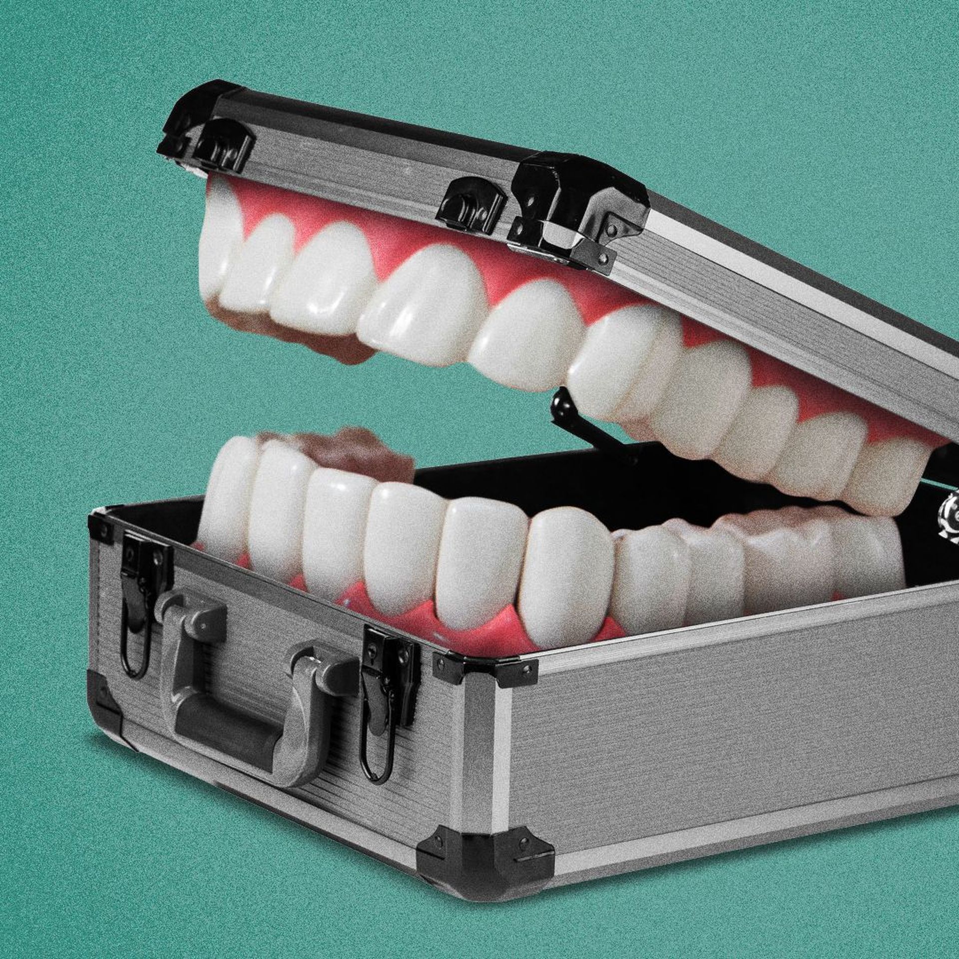 Illustration of a metal briefcase with teeth. 