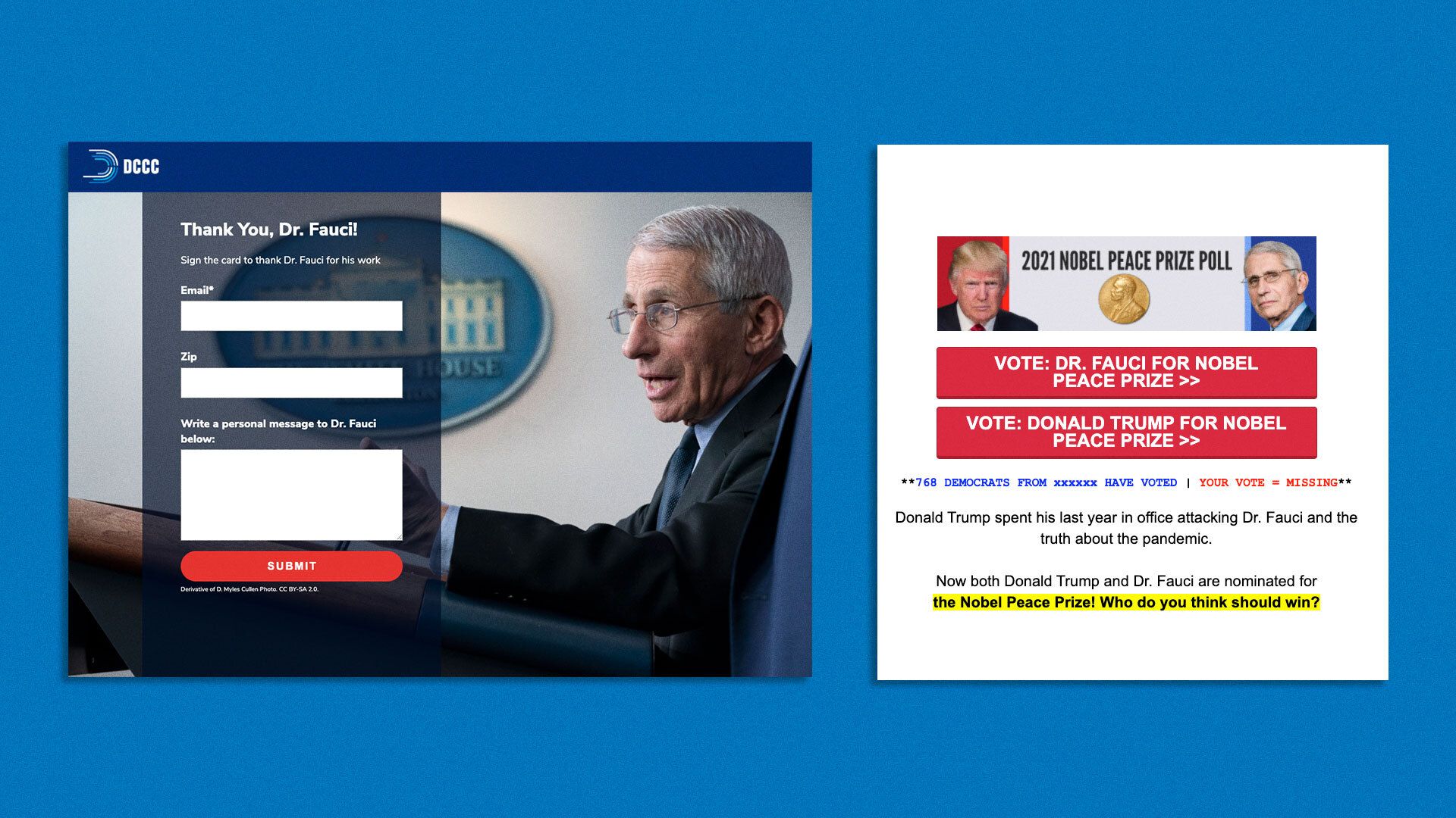 A screenshot shows a fundraising appeal taking advantage of Dr. Anthony Fauci's credibility.