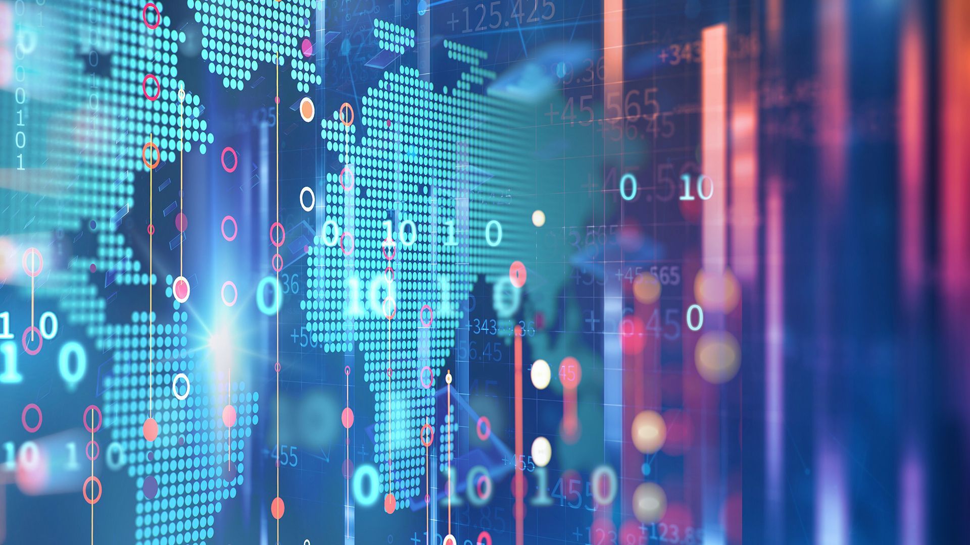 Abstract digital world map composed of blue dots with overlaid binary code, circles, and vertical lines in red, orange, and white, set against a dark background with neon blue and purple highlights.