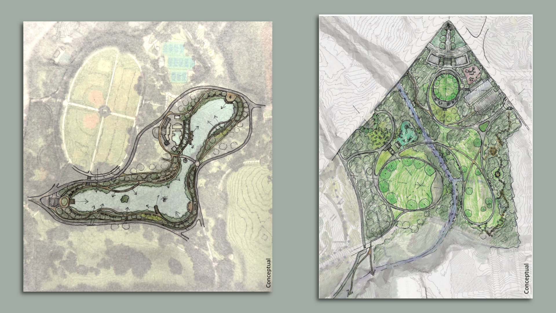 Conceptual renderings of improvements to Lake Clara Meer (left) and Piedmont Park's expansion to Piedmont Avenue and Monroe Drive.